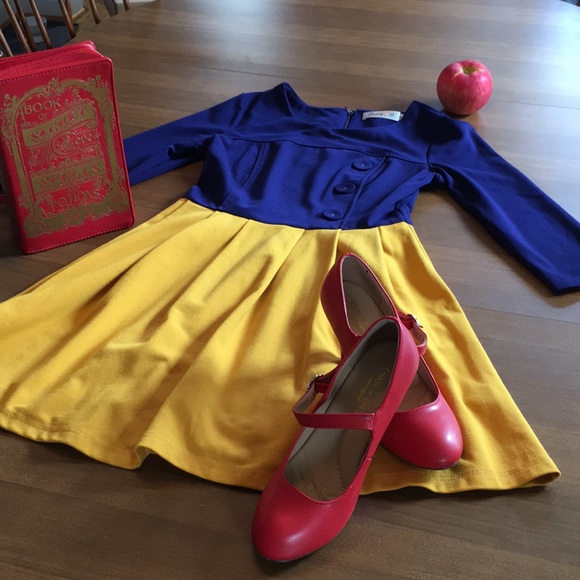 Modcloth Snow White 🍎 twofer dress indigo cobalt blue & goldenrod yellow - Picture 3 of 17